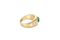 14KT Gold Ring Men's Octagon Green CZ Round Center Stone White CZ Stone Border Band Design Two Stacked "X" with Center Dot Single Row White CZ Stones Border