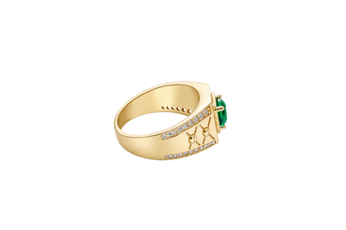 14KT Gold Ring Men's Octagon Green CZ Round Center Stone White CZ Stone Border Band Design Two Stacked "X" with Center Dot Single Row White CZ Stones Border