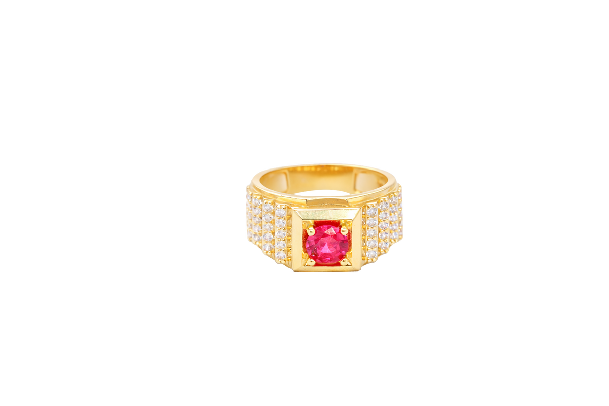 14KT Gold Ring Men's Round Red CZ Stone Plain Square Border with Side Design White CZ Stones 2 Tiers Single Row 3rd Tier Triple Row of Five White CZ Stones