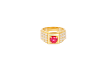 14KT Gold Ring Men's Round Red CZ Stone Plain Square Border with Side Design White CZ Stones 2 Tiers Single Row 3rd Tier Triple Row of Five White CZ Stones