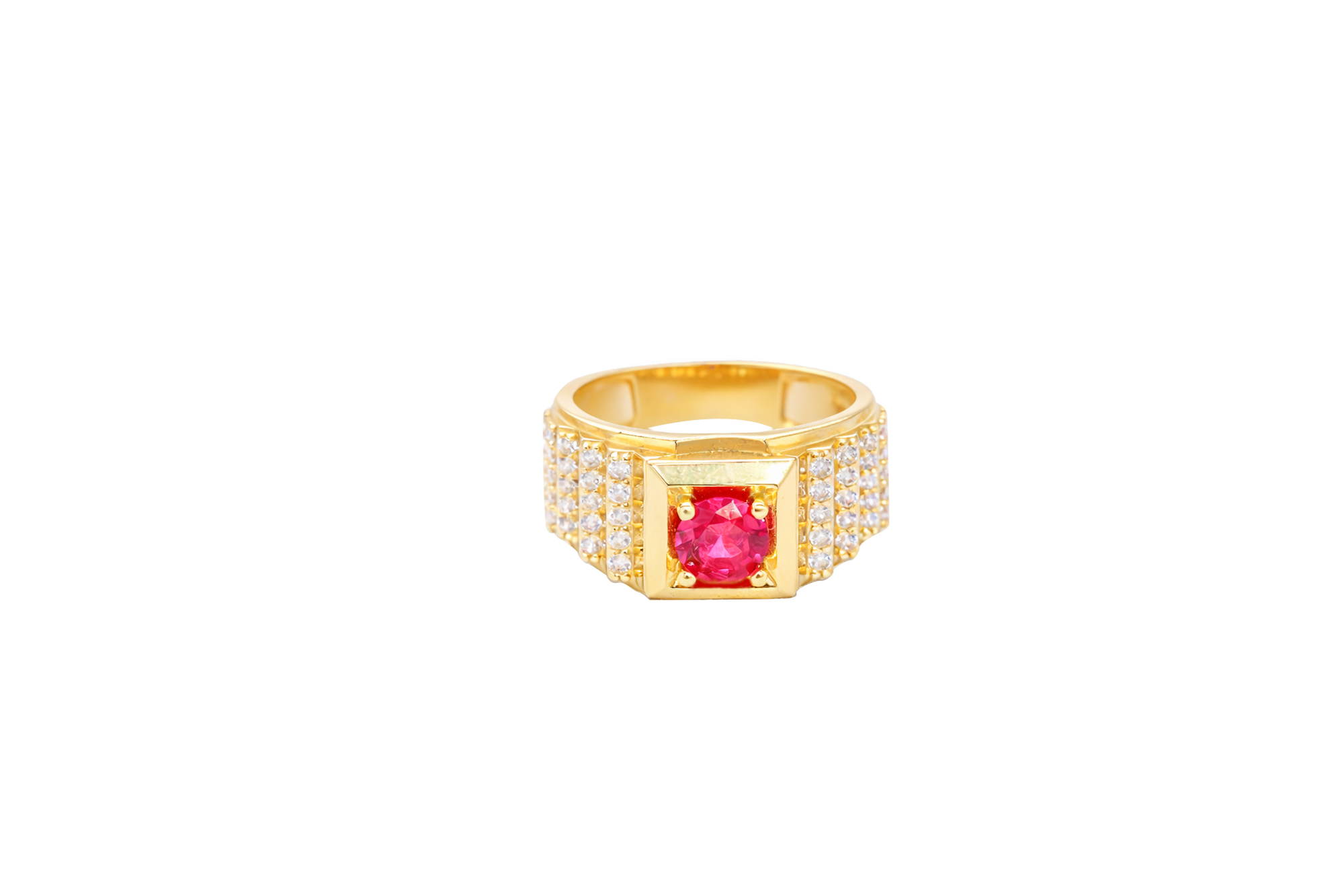 14KT Gold Ring Men's Round Red CZ Stone Plain Square Border with Side Design White CZ Stones 2 Tiers Single Row 3rd Tier Triple Row of Five White CZ Stones