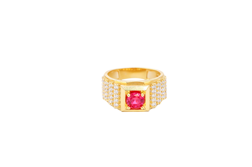 14KT Gold Ring Men's Round Red CZ Stone Plain Square Border with Side Design White CZ Stones 2 Tiers Single Row 3rd Tier Triple Row of Five White CZ Stones