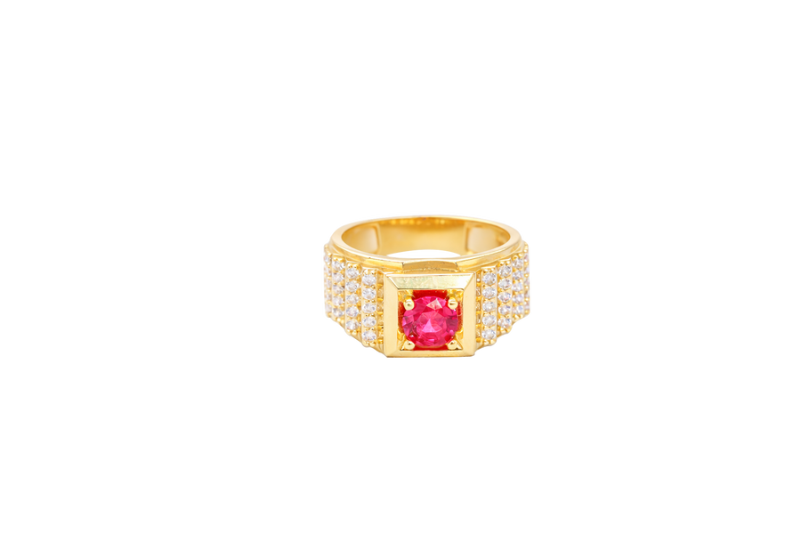 14KT Gold Ring Men's Round Red CZ Stone Plain Square Border with Side Design White CZ Stones 2 Tiers Single Row 3rd Tier Triple Row of Five White CZ Stones