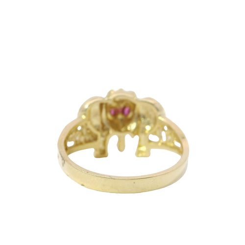 14KT Gold Ring Women's Forward Facing Pink Eye Elephant with White CZ Stones Veil Split Band with Three Loops on Side