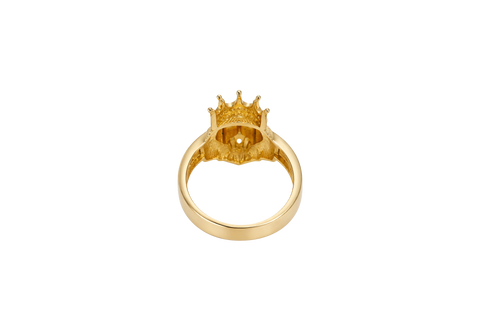 14KT Gold Ring Men's Crowned Lion Head with White CZ Stones Crown/Mouth Red CZ Stones in Eyes