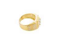 14KT Gold Ring Men's Round White CZ Stone Center with Plain Square Border and Single Row of Seven White CZ Stone Center Side Border Side Design Two Smaller Plain Square Border Two Triple Rows of Five White CZ Stones