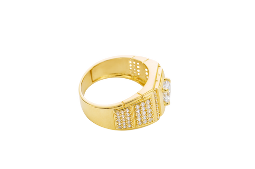 14KT Gold Ring Men's Round White CZ Stone Center with Plain Square Border and Single Row of Seven White CZ Stone Center Side Border Side Design Two Smaller Plain Square Border Two Triple Rows of Five White CZ Stones