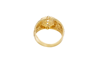 14KT Gold Ring Men's Rounded Square White CZ Stone Platform with Three Stacked Triangle Center Stones Plain Border Band Design Three Circles Plain Border Filled in U Shape CZ Stones Background