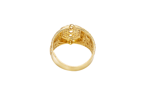 14KT Gold Ring Men's Rounded Square White CZ Stone Platform with Three Stacked Triangle Center Stones Plain Border Band Design Three Circles Plain Border Filled in U Shape CZ Stones Background