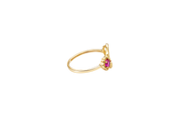 14KT Gold Ring Women's Quinceanera "15" Open Pentagon Flower Center with White CZ Stones Border Next to Smaller Pentagon Flower with Plain Border Dark Pink Center Stone and Plain Band
