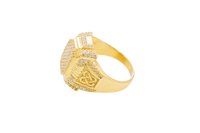 14KT Gold Ring Men's Rectangle Double Platform Seven Rows of Five White CZ Stone Cluster Center with Triple Row of Seven White CZ Stones on Edges Seven White CZ Stones Corners and Infinity Loop Knot on Sides