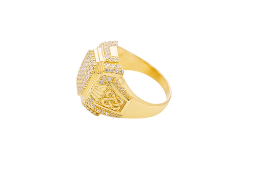 14KT Gold Ring Men's Rectangle Double Platform Seven Rows of Five White CZ Stone Cluster Center with Triple Row of Seven White CZ Stones on Edges Seven White CZ Stones Corners and Infinity Loop Knot on Sides