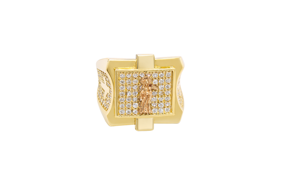 14KT Gold Ring Men's Square Raised Two Tone St. Muerte with Seven Row White CZ Stones Background and Two Tone Cross on Each Side and Pave Style CZ White Stone on Each Side with Pave Background