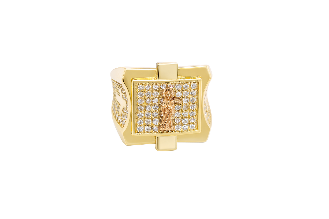 14KT Gold Ring Men's Square Raised Two Tone St. Muerte with Seven Row White CZ Stones Background and Two Tone Cross on Each Side and Pave Style CZ White Stone on Each Side with Pave Background