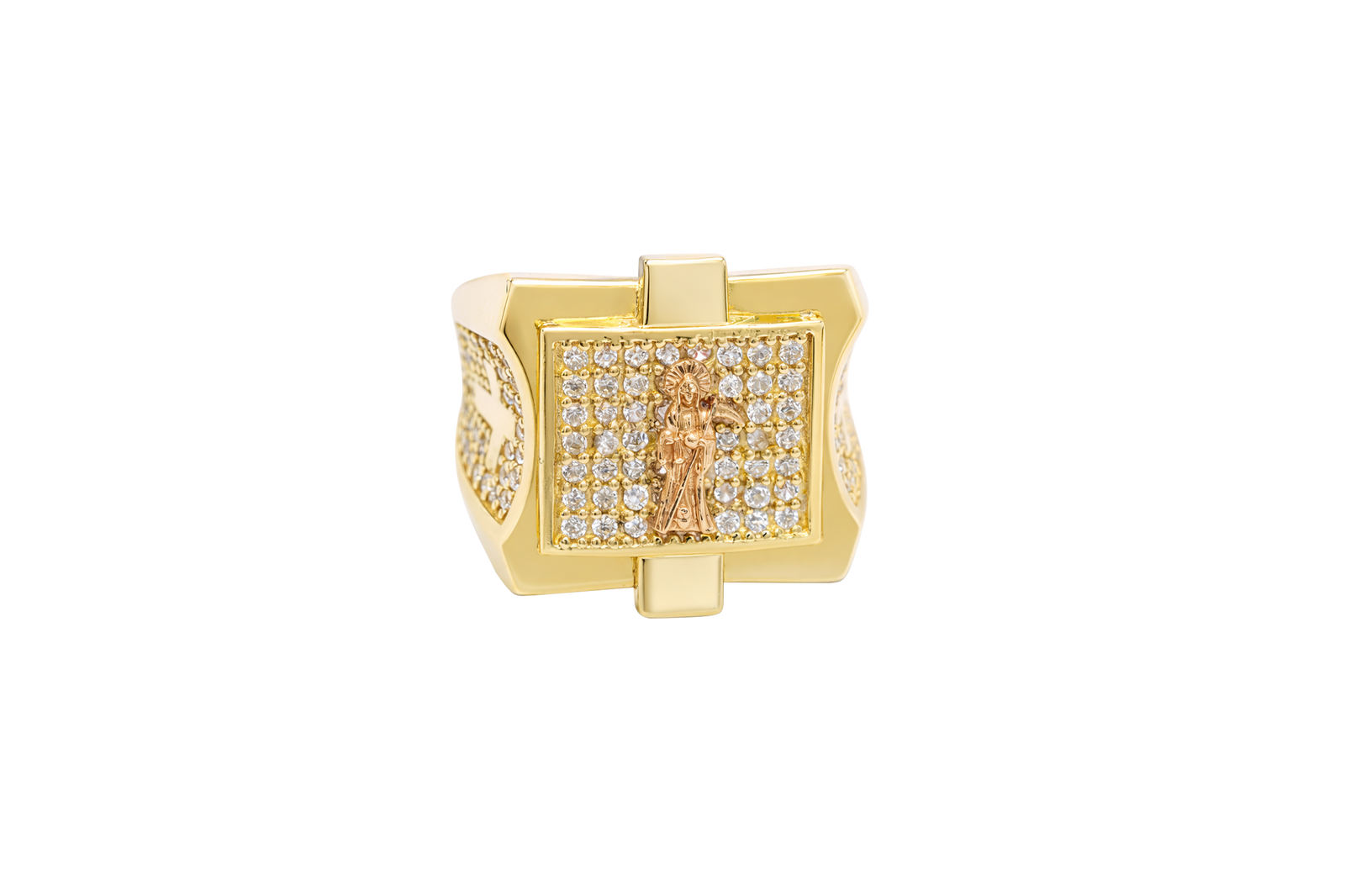 14KT Gold Ring Men's Square Raised Two Tone St. Muerte with Seven Row White CZ Stones Background and Two Tone Cross on Each Side and Pave Style CZ White Stone on Each Side with Pave Background