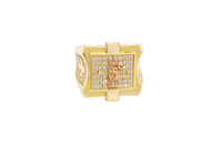 14KT Gold Ring Men's Square Raised Two Tone St. Muerte with Seven Row White CZ Stones Background and Two Tone Cross on Each Side and Pave Style CZ White Stone on Each Side with Pave Background