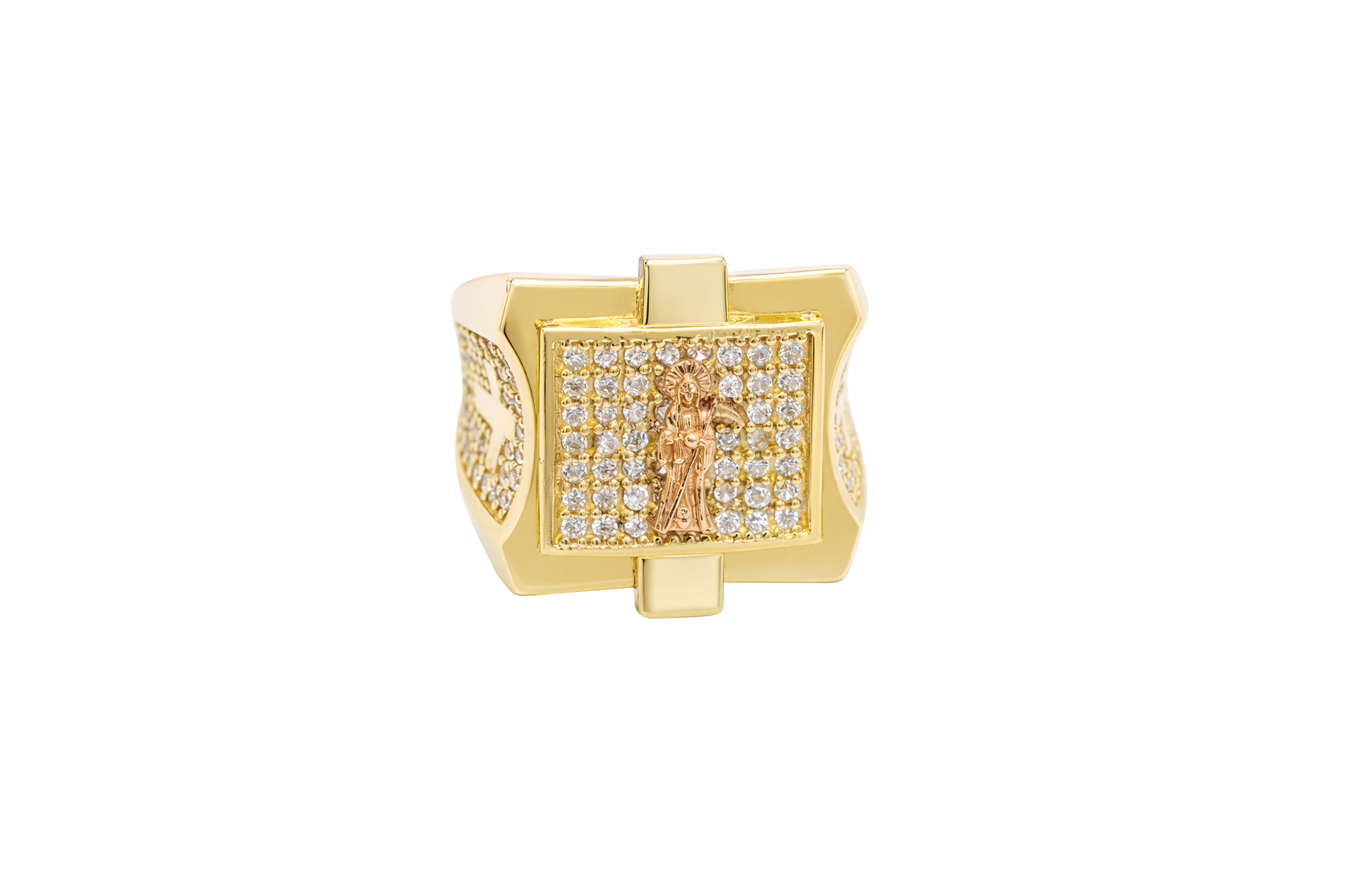14KT Gold Ring Men's Square Raised Two Tone St. Muerte with Seven Row White CZ Stones Background and Two Tone Cross on Each Side and Pave Style CZ White Stone on Each Side with Pave Background