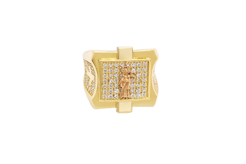 14KT Gold Ring Men's Square Raised Two Tone St. Muerte with Seven Row White CZ Stones Background and Two Tone Cross on Each Side and Pave Style CZ White Stone on Each Side with Pave Background