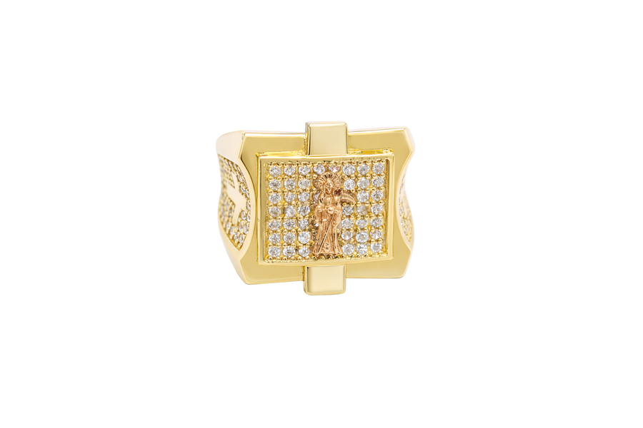 14KT Gold Ring Men's Square Raised Two Tone St. Muerte with Seven Row White CZ Stones Background and Two Tone Cross on Each Side and Pave Style CZ White Stone on Each Side with Pave Background
