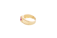 14KT Gold Ring Men's Square Red Round CZ Center Stone White CZ Stone Border Side Design White CZ Stones Border with Jubilee Watch Band Print