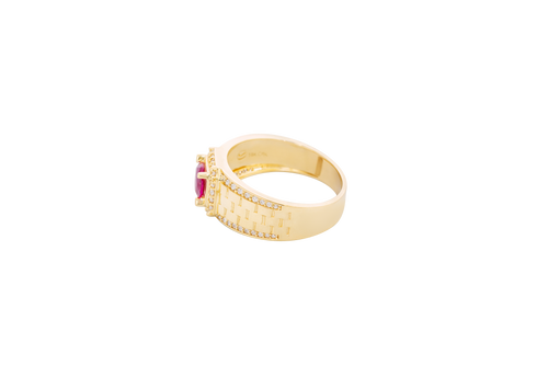14KT Gold Ring Men's Square Red Round CZ Center Stone White CZ Stone Border Side Design White CZ Stones Border with Jubilee Watch Band Print