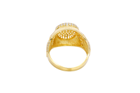 14KT Gold Ring Men's Oval White CZ Stone Raised Platform with White CZ Stone Edge Shank Etched Stripes White CZ Stone Triangle Shape and White CZ Stone Border