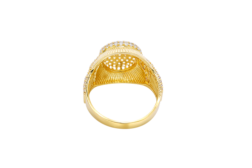 14KT Gold Ring Men's Oval White CZ Stone Raised Platform with White CZ Stone Edge Shank Etched Stripes White CZ Stone Triangle Shape and White CZ Stone Border