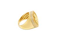 14KT Gold Ring Men's Round St Clare Greek Border Double Row White CZ Stones Outside Border Plain Band