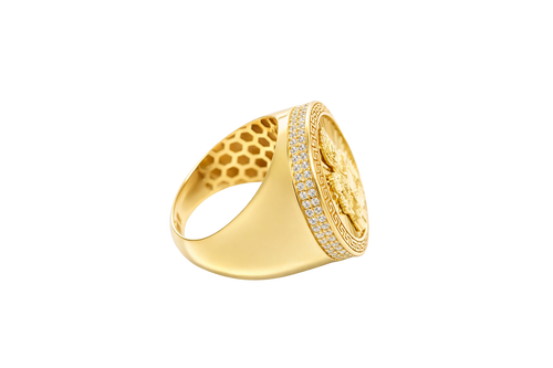 14KT Gold Ring Men's Round St Clare Greek Border Double Row White CZ Stones Outside Border Plain Band