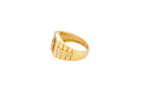 14KT Gold Ring Men's Square Two Tone St. Jude Plain Border with White CZ Stones Background Side Design White CZ Stones and Jubilee Band