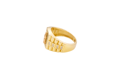14KT Gold Ring Men's Square Two Tone St. Jude Plain Border with White CZ Stones Background Side Design White CZ Stones and Jubilee Band
