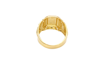 14KT Gold Ring Men's Rectangle Double Platform Five Rows of Four White CZ Stone Cluster Center with Edge Design Triple Row of 7 White CZ Stones Corner Design Six Round White CZ Stones Band Design Chrome Style Cross