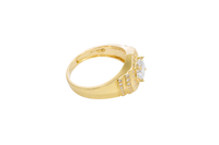 14KT Gold Ring Men's Octagon White Round CZ Center Stone White CZ Stone Border Side Design Two Single Rows of Six White CZ Stones