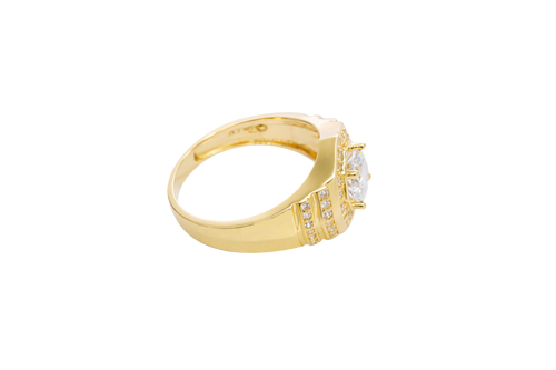 14KT Gold Ring Men's Octagon White Round CZ Center Stone White CZ Stone Border Side Design Two Single Rows of Six White CZ Stones