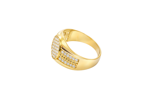 14KT Gold Ring Men's Oval White CZ Stone Cluster Center Design with Seven Rows Plain Border Side Design Two Single Rows of White CZ Stones with Gold Rope Pattern in Middle