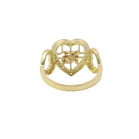 14KT Gold Ring Women's Two Tone Quinceanera "15" Heart Shape Center with Basketball lines and White CZ Stones Border Side Design Two Open White CZ Stone Hearts Plain Band