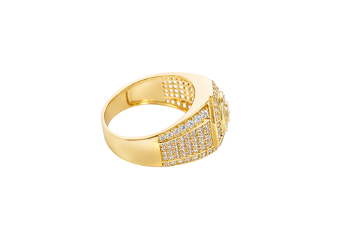 14KT Gold Ring Men's Octagon Raised Center Round White CZ Stone Center Border Plain Edge Band Design Seven Row White CZ Stone Section