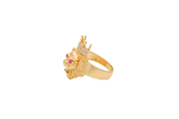 14KT Gold Ring Men's Crowned Lion Head with White CZ Stones Crown/Mouth Red CZ Stones in Eyes