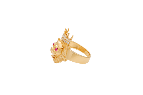 14KT Gold Ring Men's Crowned Lion Head with White CZ Stones Crown/Mouth Red CZ Stones in Eyes