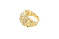 14KT Gold Ring Men's Rectangle Double Platform Five Rows of Four White CZ Stone Cluster Center with Edge Design Triple Row of 7 White CZ Stones Corner Design Six Round White CZ Stones Band Design Chrome Style Cross