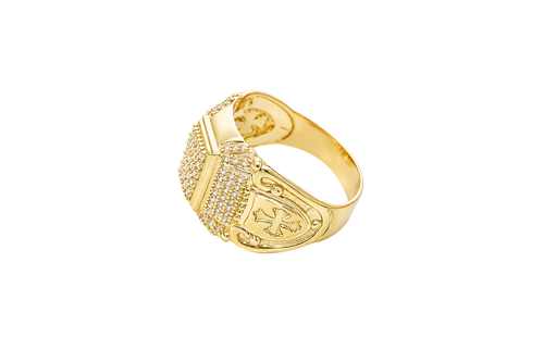 14KT Gold Ring Men's Rectangle Double Platform Five Rows of Four White CZ Stone Cluster Center with Edge Design Triple Row of 7 White CZ Stones Corner Design Six Round White CZ Stones Band Design Chrome Style Cross