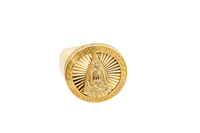 14KT Gold Ring Men's Round Caridad Cobre Greek Border Double Row White CZ Stones Outside Border Plain Band