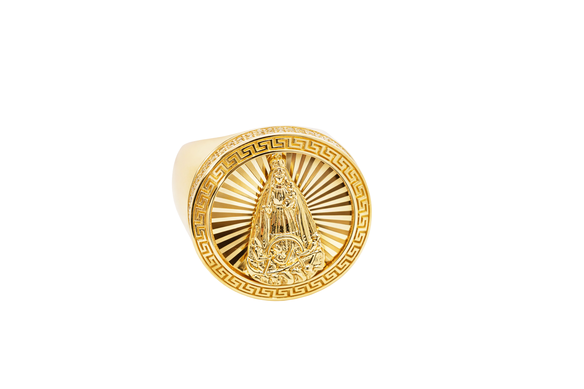 14KT Gold Ring Men's Round Caridad Cobre Greek Border Double Row White CZ Stones Outside Border Plain Band