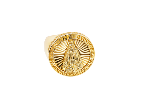 14KT Gold Ring Men's Round Caridad Cobre Greek Border Double Row White CZ Stones Outside Border Plain Band