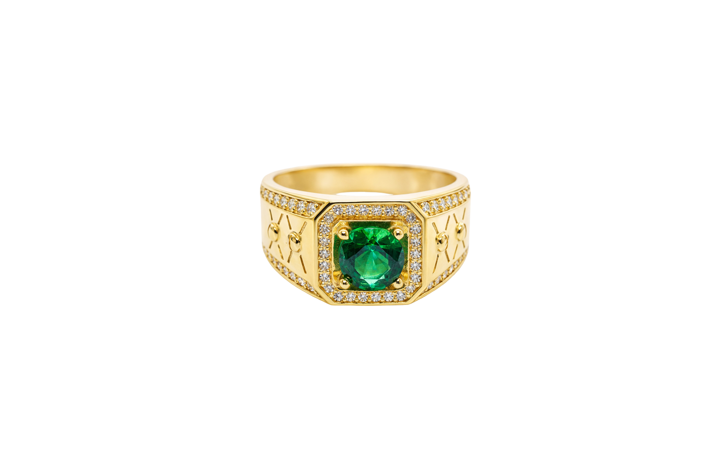 14KT Gold Ring Men's Octagon Green CZ Round Center Stone White CZ Stone Border Band Design Two Stacked "X" with Center Dot Single Row White CZ Stones Border