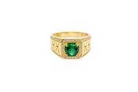 14KT Gold Ring Men's Octagon Green CZ Round Center Stone White CZ Stone Border Band Design Two Stacked "X" with Center Dot Single Row White CZ Stones Border