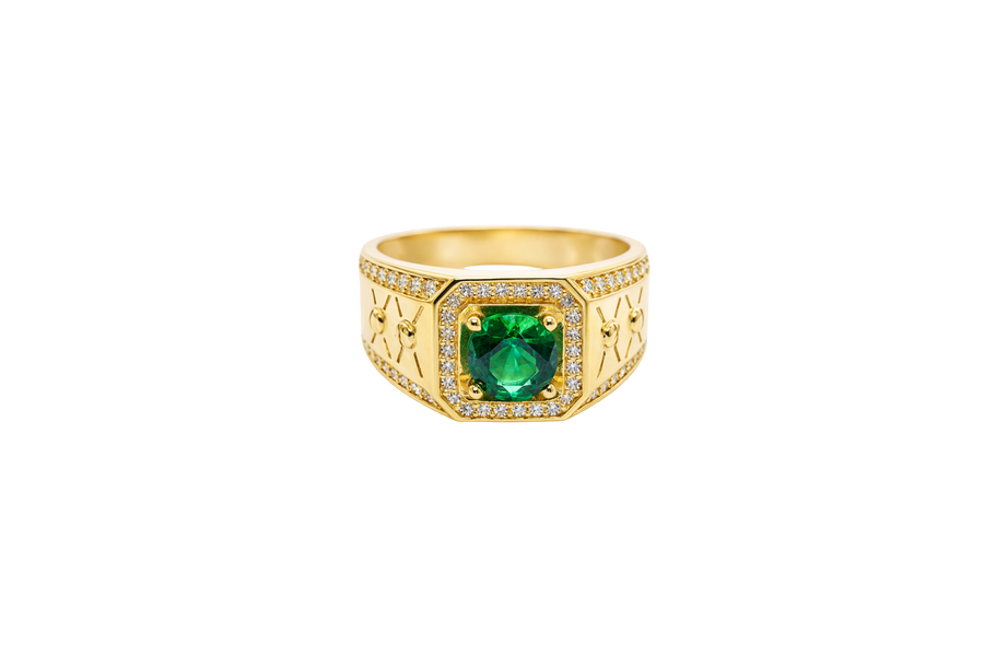 14KT Gold Ring Men's Octagon Green CZ Round Center Stone White CZ Stone Border Band Design Two Stacked "X" with Center Dot Single Row White CZ Stones Border