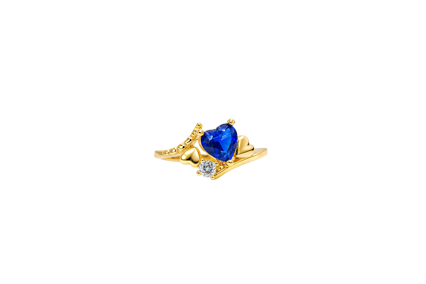 14KT Gold Ring Women's Navy Blue Heart Center CZ Stone Left White Round CZ Stone with Two Plain Hearts and Plain Bypass Band Upper - Rope Lower Band Plain