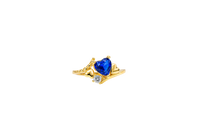 14KT Gold Ring Women's Navy Blue Heart Center CZ Stone Left White Round CZ Stone with Two Plain Hearts and Plain Bypass Band Upper - Rope Lower Band Plain