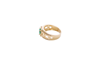 14KT Gold Ring Men's Square Green CZ Round Center Stone White CZ Stone Border Band Design Half/Full/Half Stacked Boxes Cutouts with Single Row White CZ Stones Border